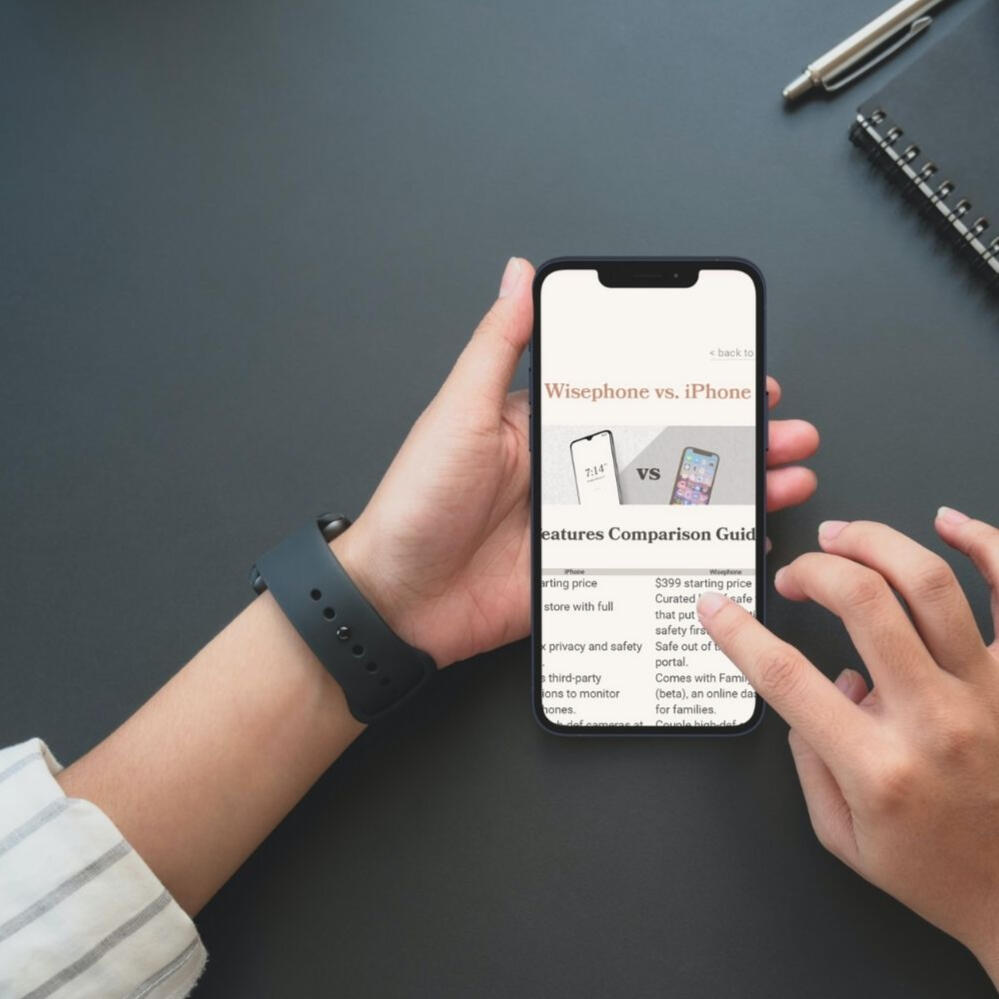 Woman scrolling through a comparison page on her phone.