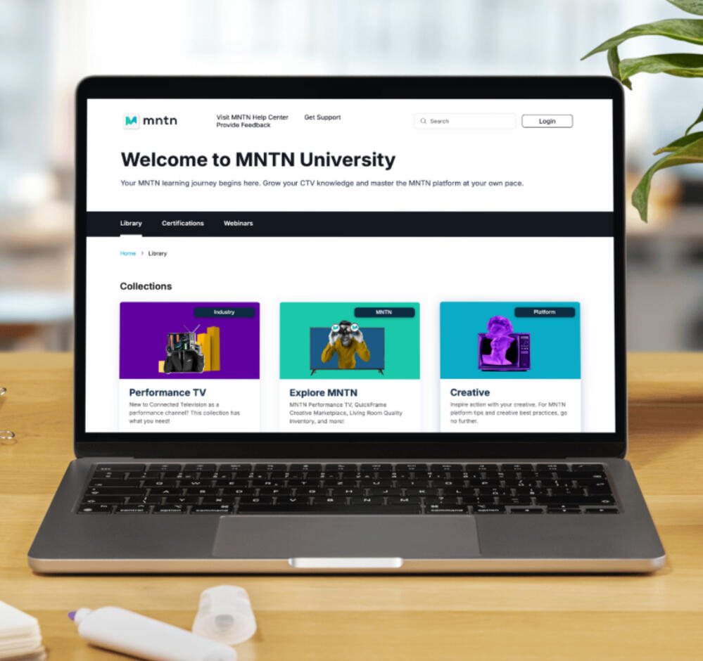 Preview of MNTN U The homepage for MNTN University with the heading "Welcome to MNTN University" and featuring three learning collections: Performance TV, Explore MNTN, and Creative.