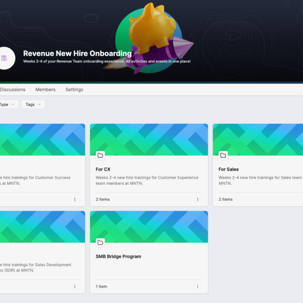 Revenue Enablement Library A content library for "Revenue New Hire Onboarding" featuring collections based on different roles, including CX, Sales, and others.